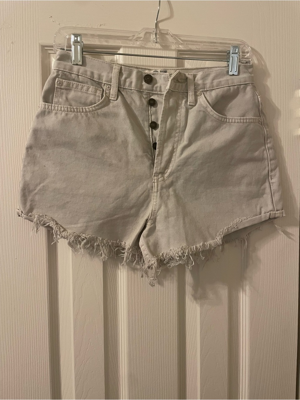 We The Free Distressed High-Waist Jean Shorts in Light Beige